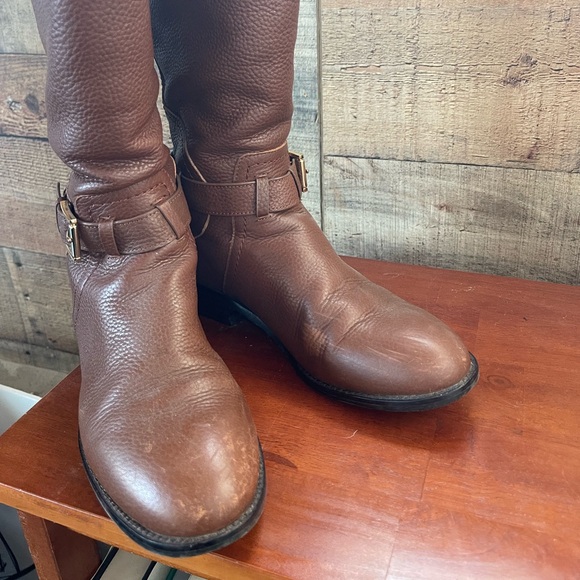 TORY BURCH ADELINE 21MM ALMOND BROWN TUMBLED LEATHER RIDING BOOTS W7 - Picture 14 of 14